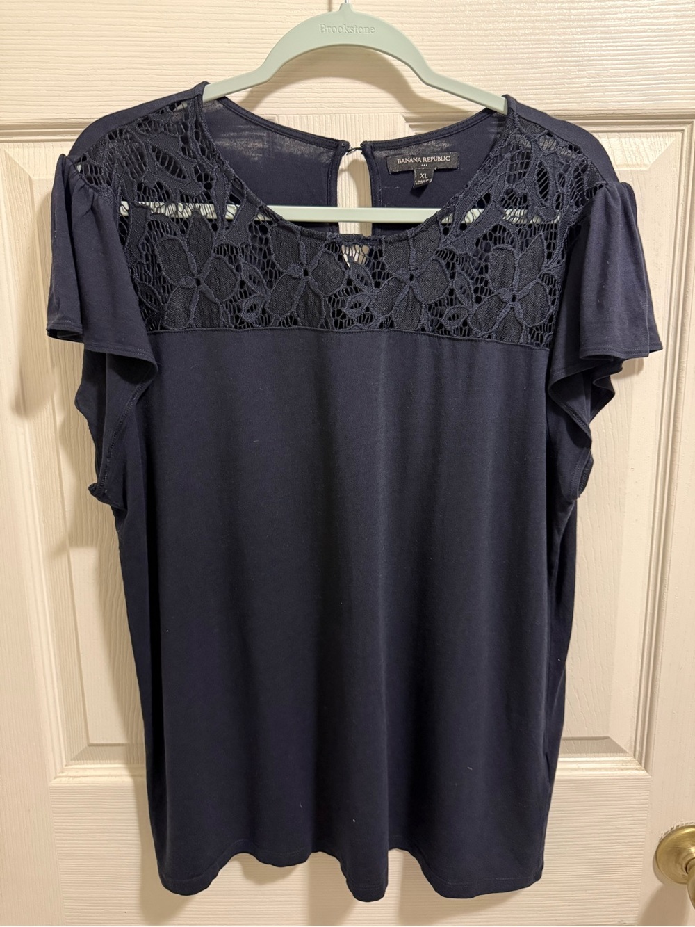 Banana Republic Navy Crochet Yoke Flutter Sleeve Top